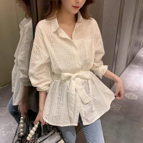 Blouse Women Pure Cotton Shirt Womens 2020 Long-Sleeved Shirt Womens Hollow Top Blusas Ropa De Mujer