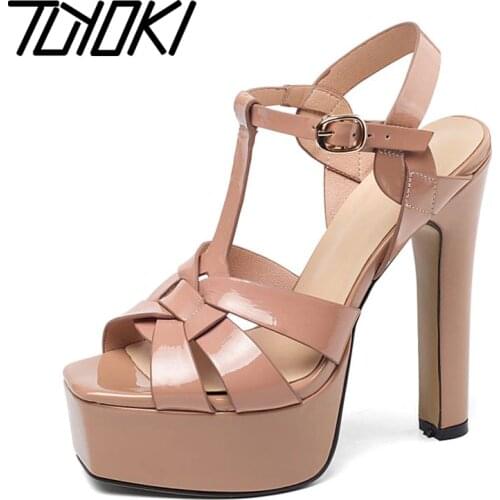 Tuyoki Women Real Genuine Leather High Platform Sandals Brand Fashion Summer Shoes Women Party Wedding Footwear Size 33-40