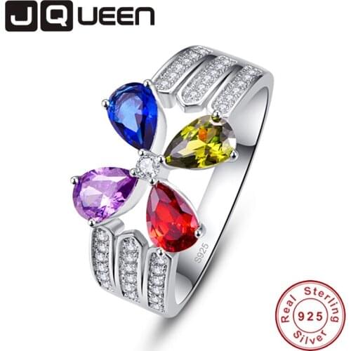 JQUEEN White Zircon Droplet shaped red corundum purple blue olive green crystal Rings Silver Ring 925 Jewelry Pave Setting