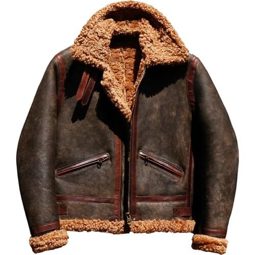 CDB3-6 European US Size High Quality Super Warm Genuine Sheep Leather Coat Mens Big B3 Shearling Bomber Merino Fur Jacket