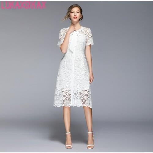LUKAXSIKAX 2020 New Summer Women Dress High Quality Bow White Hollow Out Chemical Lace Dress Luxury Elegant Slim Dress