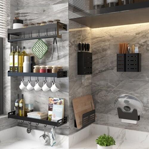 Kitchen Shelves Perforation-Free Wall-mounted Household Spice Rack Knife Holder Shelves Multifunctional Kitchen Storage Tool