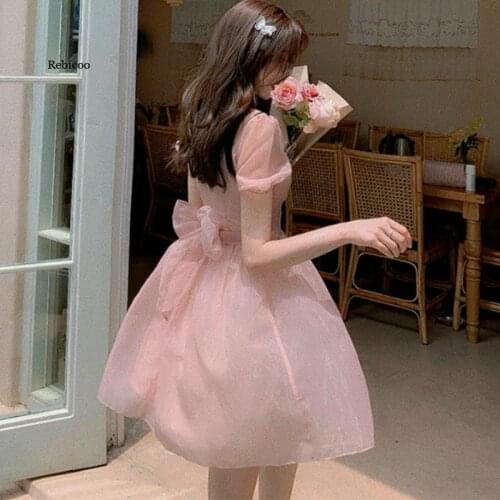 Fairy Dress Women Sexy Puff Sleeve Pink Lace Chiffon Sweet Dress Kawaii French Style Elegant Summer Mini Dress