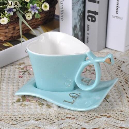 Creative Chinese Valentines Day Ceramic Coffee Cup and Saucer Peach Heart Couple Cup Heart Shaped Mug Afternoon Tea Cup 200ML