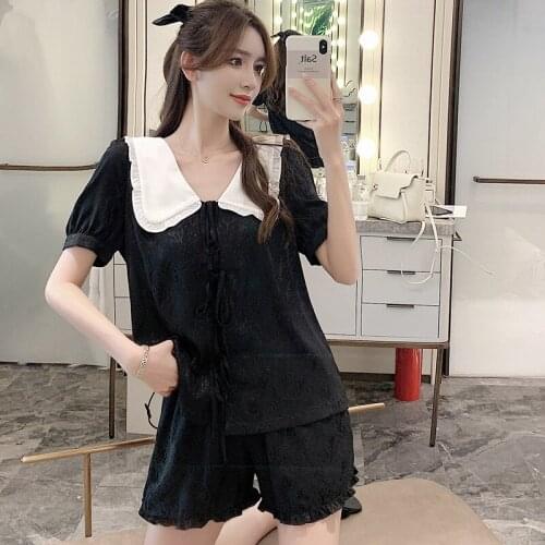 Ladies Silk Satin 2Piece Print Pajama Sets Cute Bow Trim Pyjamas Ruffles Homewear Short Sleeve Shorts Sleep Suit Black Sleepwear