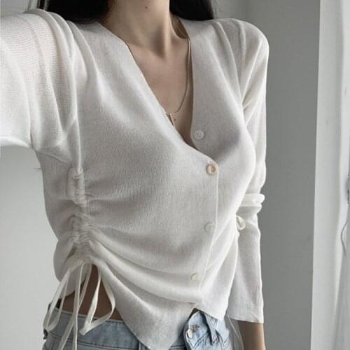 Autumn Women V-Neck Solid Cardigan Button Bandage Knitted Long Sleeve Loose Tops Ladies Casual Korean Sueter Mujer Female