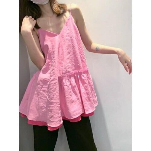 Summer 2021 New Pink Mini Dress Women Ruffle Sling Dress Sleeveless Female Spaghetti Strap Loose Dress Sexy Ladies Short Robes