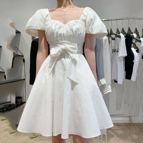 Women Elegant Square Collar Sweet Cute Puff sleeve Princess Party Dress White Bowknot High Waist Ball Gown Mini Dresses Vestidos