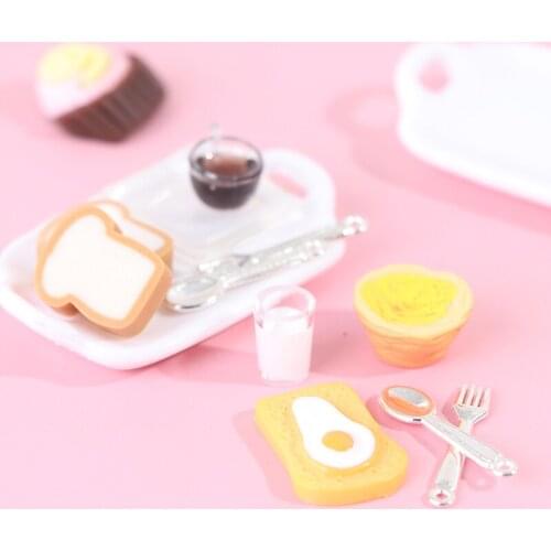 1 Set 1:12 Dollhouse Miniature Breakfast Set Hamburger Croissant Toast Egg Coffee with Tray Kitchen Food Accessories