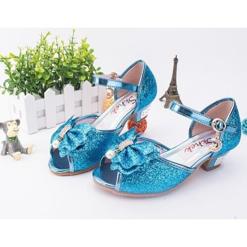 2019 new girls high heels blue childrens sandals princess shoes 3-9 years old girls sandals 26-36