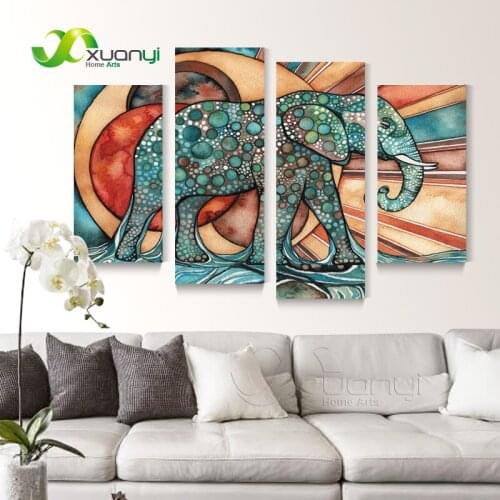 4 Panel Wall Art Abstract African Elephant Paintings Modern Print On Canvas Elephant Picture Oil Canvas For Living Room Unframed