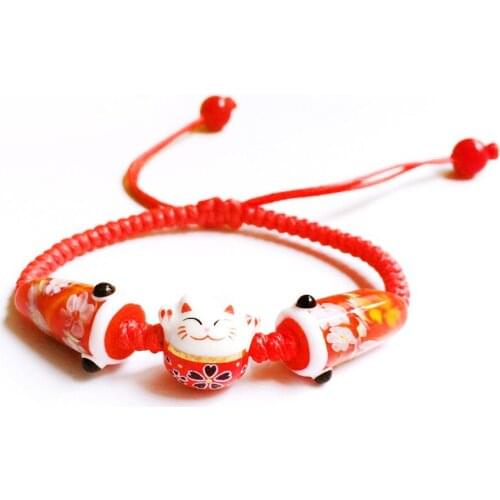 Bohemia Cute Lucky Cat Ceramic Beads Bracelet Carp Flags Red Rope Bangle Handmade Fashion Jewelry