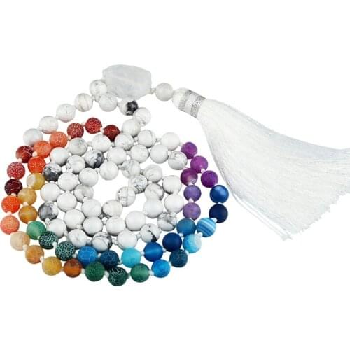 SUNYIK White Howlite 7 Chakra Stone Bracelet Tibetan Buddhist Prayer Beads Necklace With Irregular Crystal