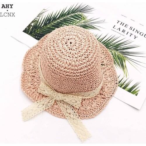 2021 New Fashion Summer Foldable Kids Girls Hats Lace Bow Flowers Caps Breathable Elegant Sunhat Lovely Straw Hat Baby Bonnet