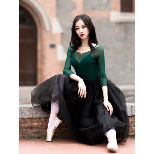 Emerald Green Elastic Mesh Lace Long Sleeve Ballet Practice Leotard T Shirt See Through Dance Top Adults Ballerina Tee Shirts