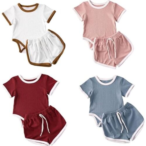 Focusnorm 0-24M 2PCS Newborn Baby Girl Boy Clothes Set Solid Cotton Short Sleeve Tops T-Shirt+Shorts Pants Summer Outfit