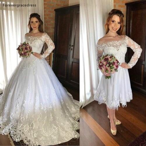2 In 1 Lace Wedding Dresses Vintage Long Sleeves Detachable Train Bride Gowns