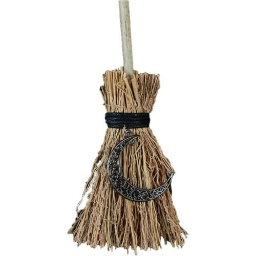 Mini Broom Straw Witch Brooms with Moon Skull Pendant Decorations for Halloween Wicca Altar Broom