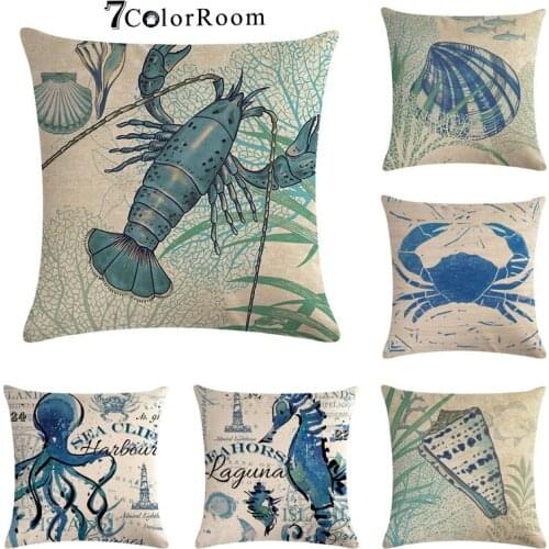Sea turtle Cushion Cover Beach Throw Pillows Covers Ocean Animal Cotton linen Crab Chair Sofa coast Square pillowcase 45x45cm