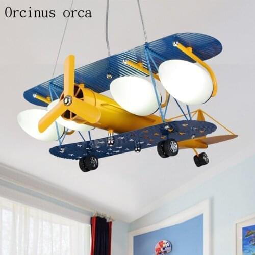 Cartoon Creative Retro Aircraft Chandelier Boys Bedroom Childrens Room Lamp American Color LED Fighter Chandelier
