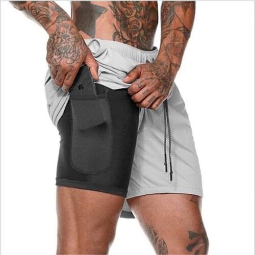 2020 double layer solid color mens shorts muscle brother large size fitness sports casual pants fitness shorts inner pocket