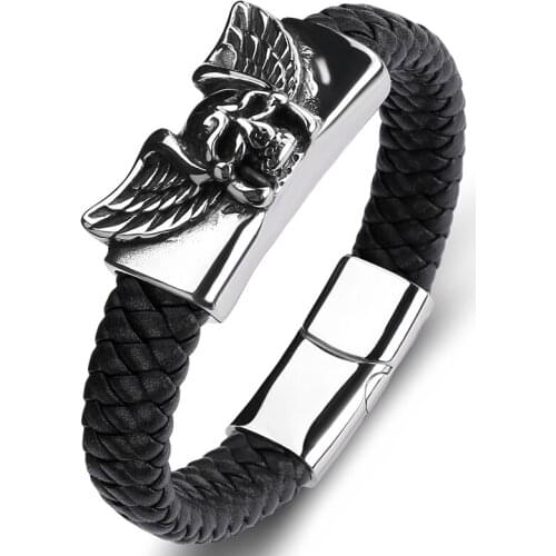 Trendy Demon Angel Wings Stainless Steel Skull Bracelets Men Leather Bangles Punk Hip Hop Jewelry Male Wristband Gifts P128