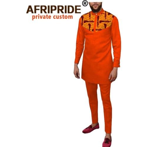 Men`s Casual African Traditional Clothing Set Dashiki Print Shirt and Pants Suit Wax Batik Attire AFRIPRIDE A2016001B