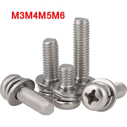 M3 M4 M5 M6 Phillips Pan Head Three Combination Screw 316 Stainless Steel Cross Round Head With Washer Sems Screws Bolts Kit Set