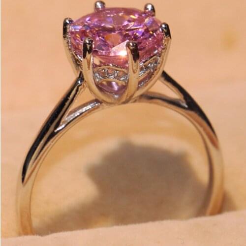 Never Fade Real 100% 925 Sterling Silver Luxury Jewelry Solitaire Round Cut Pink CZ Zirconia Women Wedding Band Crown Ring Gift