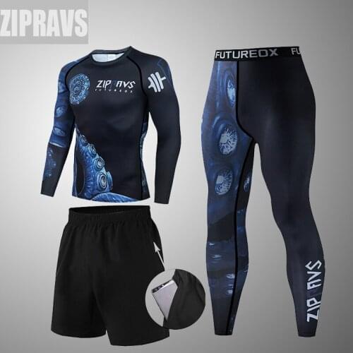Compressed MMA Rashguard Mens Jiu-Jitsu T-shirt + Pants Muay Thai Shorts Blue Sea Monster Gym Mens Bjj Boxing 3-piece Set