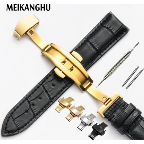 Genuine Leather Watchband Rose Gold Butterfly Buckle Watch Band Croco Grain Bracelet for Watch Strap 16 18 19 20 21 22 mm Cinta