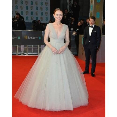 Sexy Long Light GreyTulle Pleated Celebrity Dresses A-Line Robe De Soiree Floor Length Formal Gowns for Women