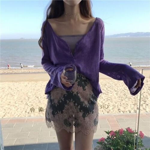 V-neck thin shawl jacket cardigan womens Micro penetration sunscreen coat trumpet sleeve air conditioning shirt