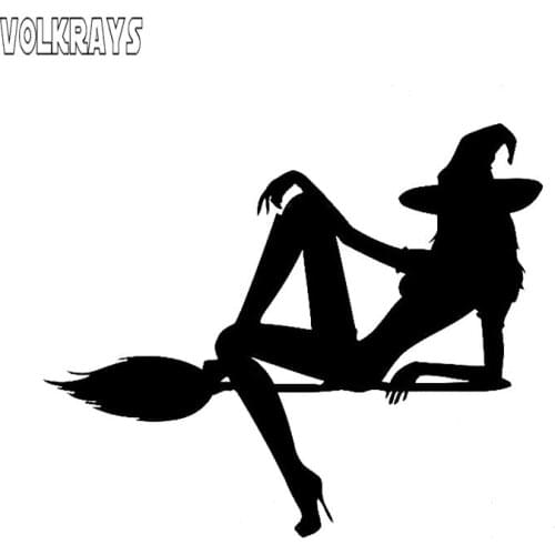 Volkrays Personality Car Sticker Hot Sexy Female Beauty Halloween Witch Broom Accessories Vinyl Decal Black/Silver,12cm*15cm