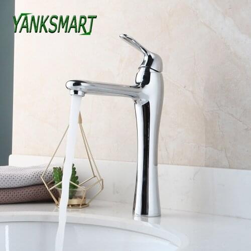 YANKSMART Luxury Chrome Polished Deck Mounted Bathroom Basin Sink Tall Faucet Single Handle Cold And Hot Mixer Water Tap