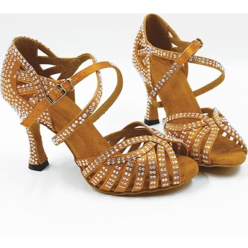 YSWEYOMIC Women Party Dance Shoes Tan Satin Shining rhinestones Soft Sole 10cm Latin Dance Shoes Woman Bachata Salsa Dance Shoes