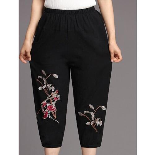 Women Casual Pants Summer Elastic Waist Straight Pants Vintage Floral Embroidery Capris Female Loose Pantalon Plus Size 5XL