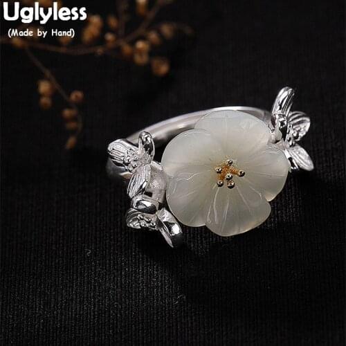 Uglyless 100% Real 925 Sterling Silver Handmade Flower Open Finger Rings for Women Natural Jade Plum Blossom Ring Fine Jewelry
