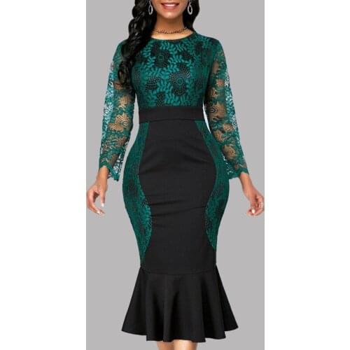 2021 Autumn New Sexy Lace Slim Dress O-neck High Waist Stitching Hook Flower Hollow Fishtail Party Dress Women Vestidos