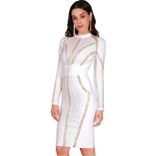 S Curve Womens Crystal Stone & Stud Embellished Bandage Dress Bodycon Long Sleeve Mini Party Bodycon Dress