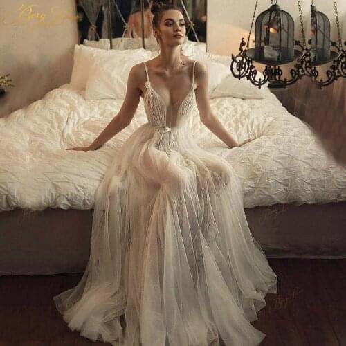 Slim Wedding Dress Bead Crumple Tulle Skirt Sweetheart Long Wedding Gown Beach A line Illusion Women Bridal Dress Marriage
