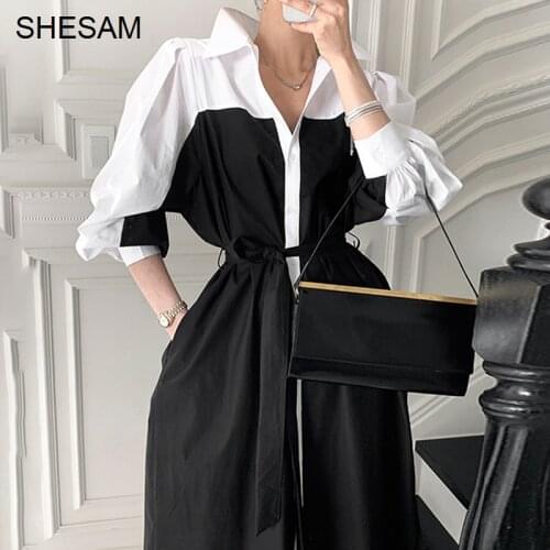 2021 Summer Dress Korean Chic Dresses French Lapel Single Breasted Contrast Stitching Design Lace Up Waist Puff Sleeve Dress