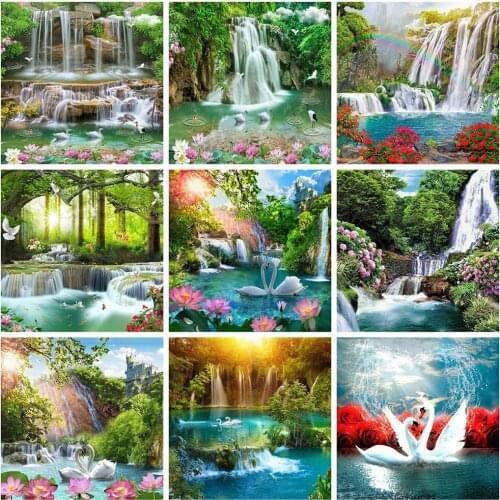 HUACAN 5d Diamond Painting Waterfall Mosaic Nature DIY Diamond Embroidery Swan Rhinestones Pictures Home Decor Craft Kit