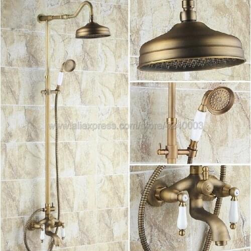 Antique Brass Shower Faucets Set 8'' Rainfall Shower Head Handle Shower Mixer Tap Swivel Tub Spout Bath Shower Krs244