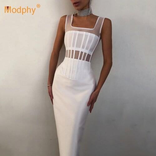 White Rayon Bandage Dress Sexy Mesh Patchwork Sleeveless Bodycon Dresses Club Celebrity Evening Party Vestidos 2021 Summer New