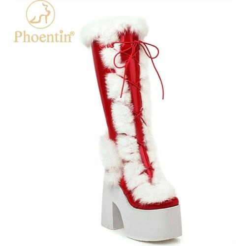 Phoentin cosplay long boots women super high heels 15cm platform knee boots with fur 2020 lace up thick sole shoes zip FT1161