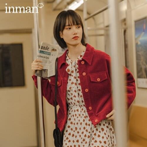 INMAN Spring Autumn Loose Vintage Hongkong Style Lapel Cotton Pure Color Corduroy Long Sleeve Coat