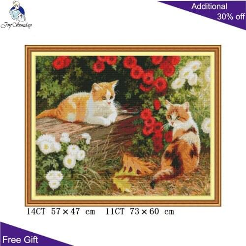 Joy Sunday Kitten In The Garden DA448 14CT 11CT Counted and Stamped Home Decor Cats And Flowers Embroidery DIY Cross Stitch kits