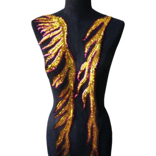 2PCS Gold Sequin Lace Fabric Fire Tassel Rose Red Edge Black Mesh Gown Appliques Embroidery Sew Patch For Wedding Decor DIY