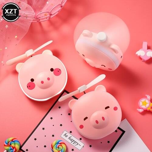 Mini Portable Cute Pig Head Shape Rechargeable Fan Makeup Mirror LED Fill Light With USB Fan LED Light Creative Makeup Mirror